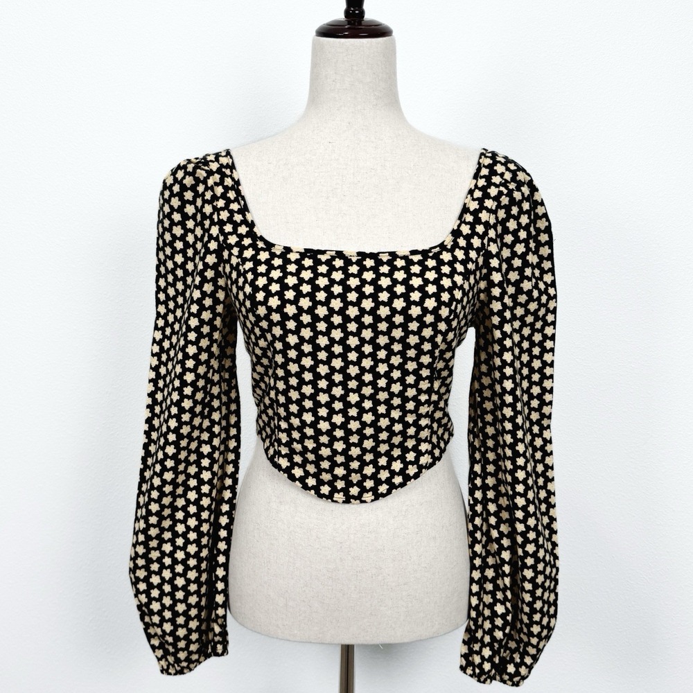 NEW Cider Top Womens M Black Yellow Floral Crop Festival Bohemian Indie Coquette